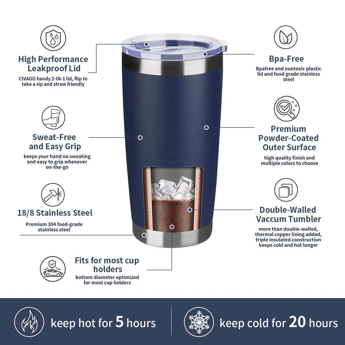 20oz Double Wall Vacuum Insulated Stainless Steel Tumbler 8 Pack with Lid and Straw G8022