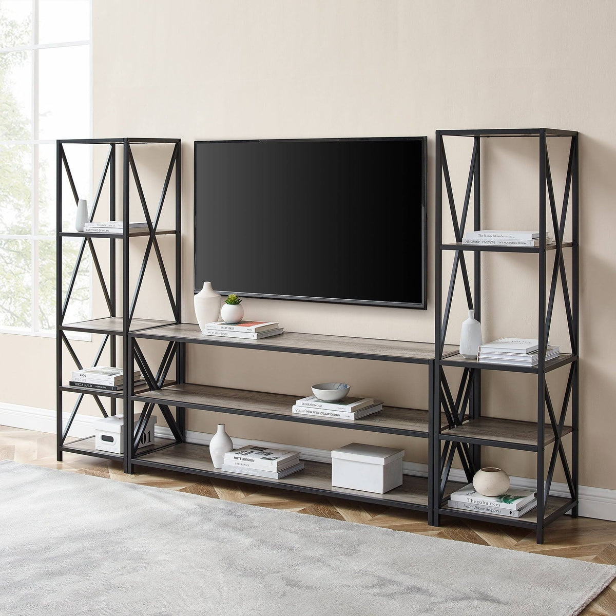 Slate Grey / Black Metal 3-Piece Entertainment Wall D4395