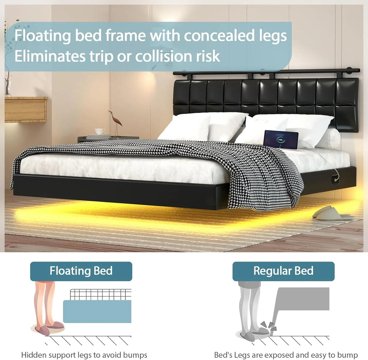 Queen Bed Frame with Charging Station and LED Lights H761