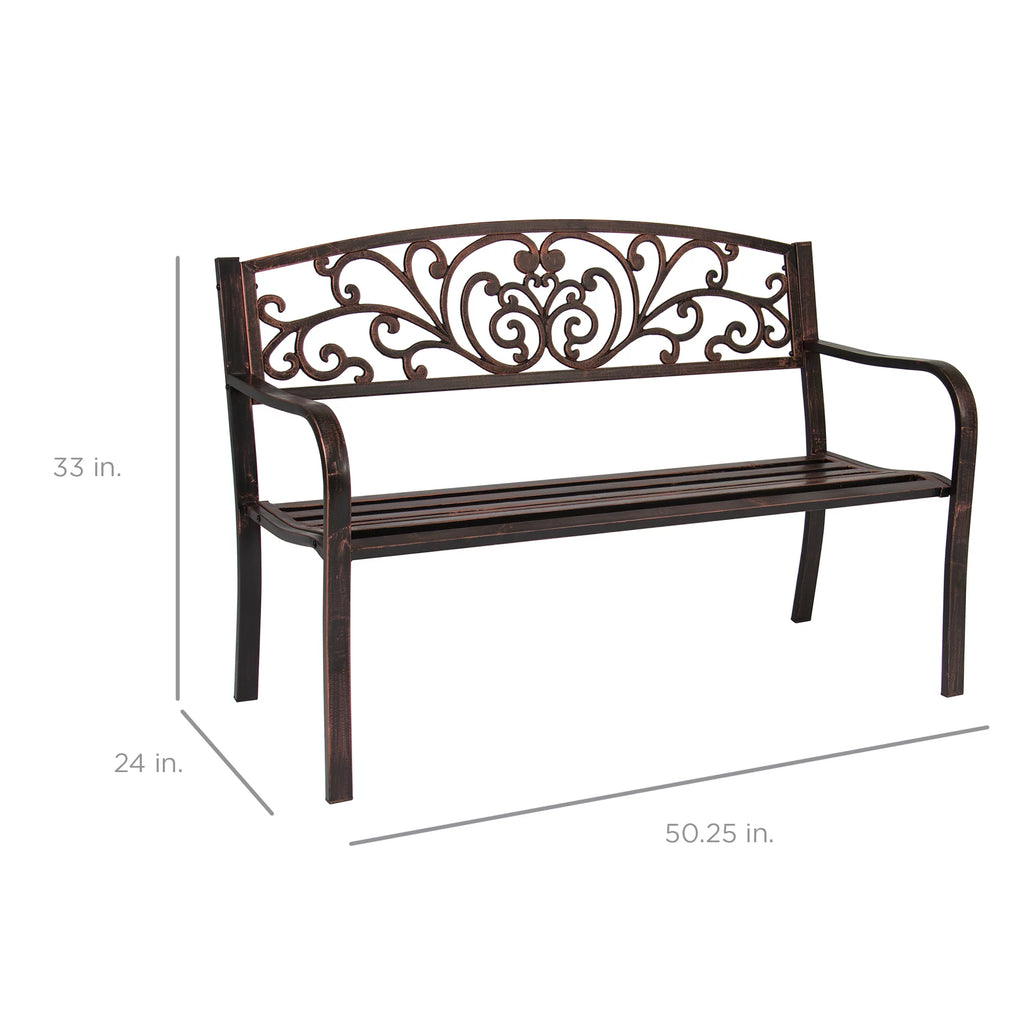 Brown Outdoor Steel Bench with Floral Design Backrest O754548