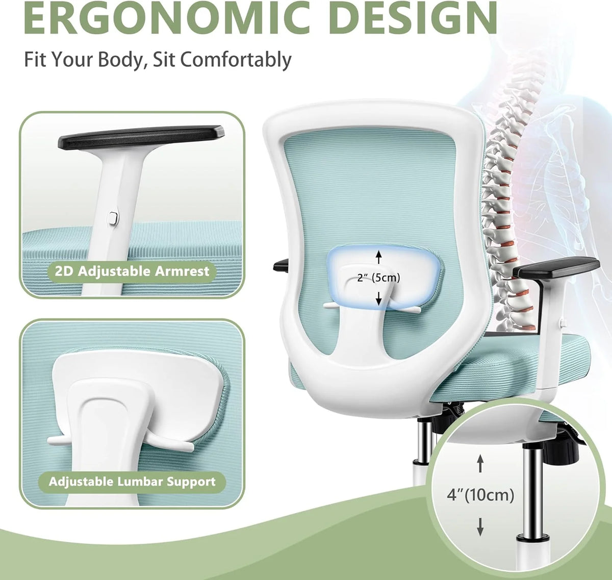 Light Blue Ergonomic Mesh Office Chair with Adjustable Armrests M97767