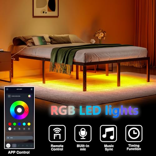 Full Size 14 Inch Metal Platform Bed Frame with LED Lights H413