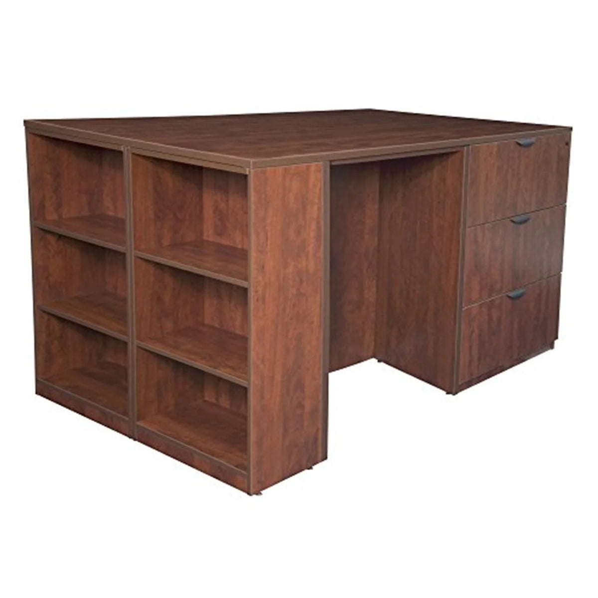 Cherry Stand Up Lateral File & 3 Desk Quad with Bookcase End B37158