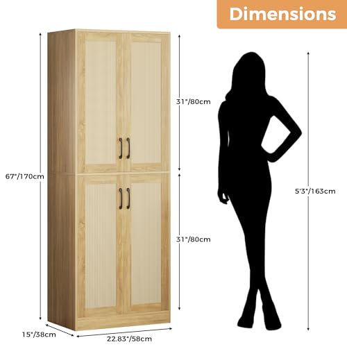 67" Tall Oak Rattan Storage Cabinet with Doors and Adjustable Shelves J1389
