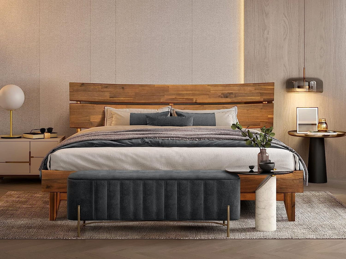 14 Inch Wood Platform Bed with Headboard Queen Size Caramel H226342
