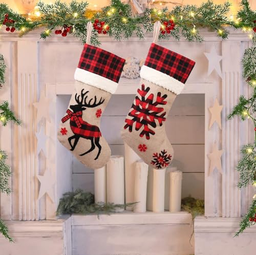 18" Burlap Plaid Christmas Stockings, Set of 4 Y946
