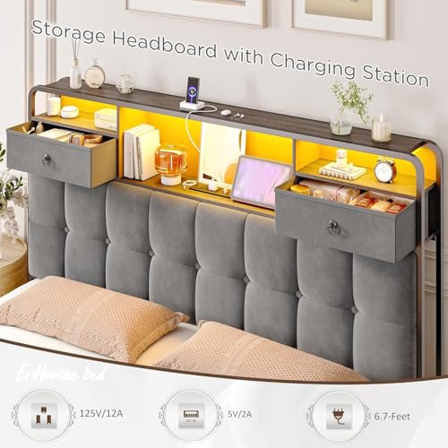 King Size Bed Frame with 4 Storage Drawers and LED Lights, Grey D542