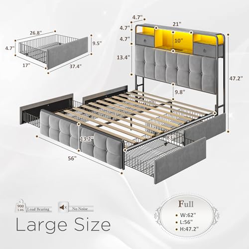 King Size Bed Frame with 4 Storage Drawers and LED Lights, Grey D542