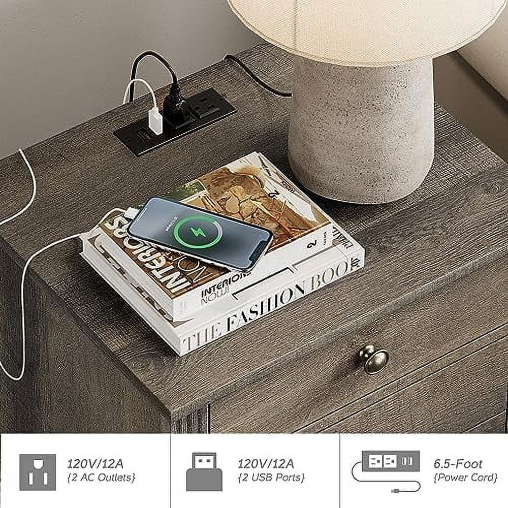 Dark Antique Brown Wood Nightstand with Charging Station and 2 Sliding Drawers J17095