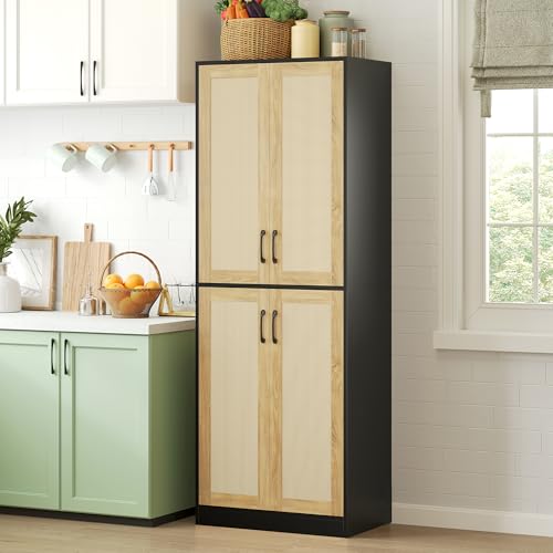 67" Tall Oak Rattan Storage Cabinet with Doors and Adjustable Shelves J1389