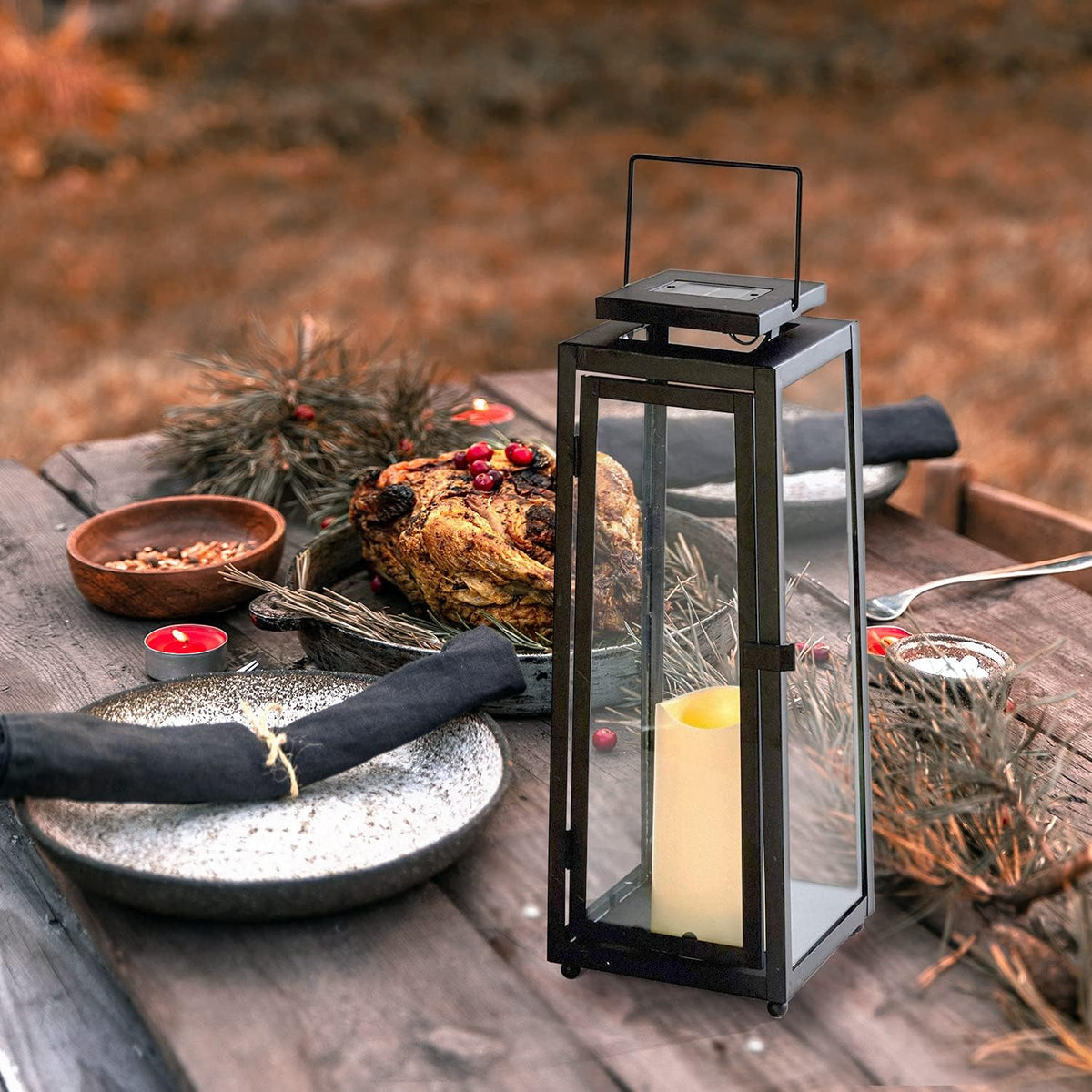 Black Metal Glass Solar Lantern A921