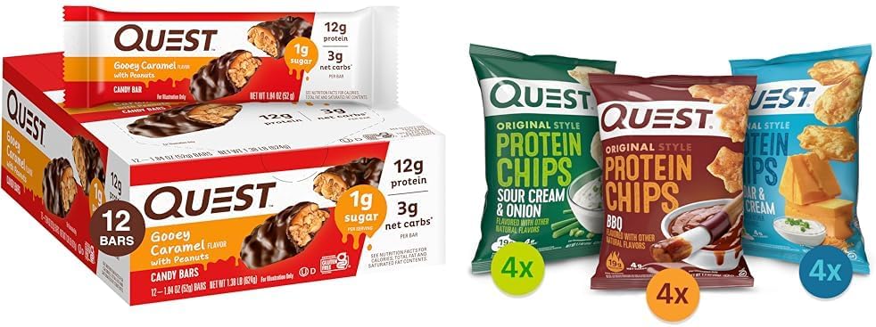 Candy Bars Gooey Caramel with Peanuts (12 Bars) and Protein Chips Variety Pack, 1.1 Ounce (Pack of 12) A1103