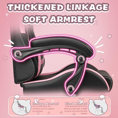 Pink Gaming Chair with Cat Ears and Cat Paw Cushion Pillow with Footrest Y684