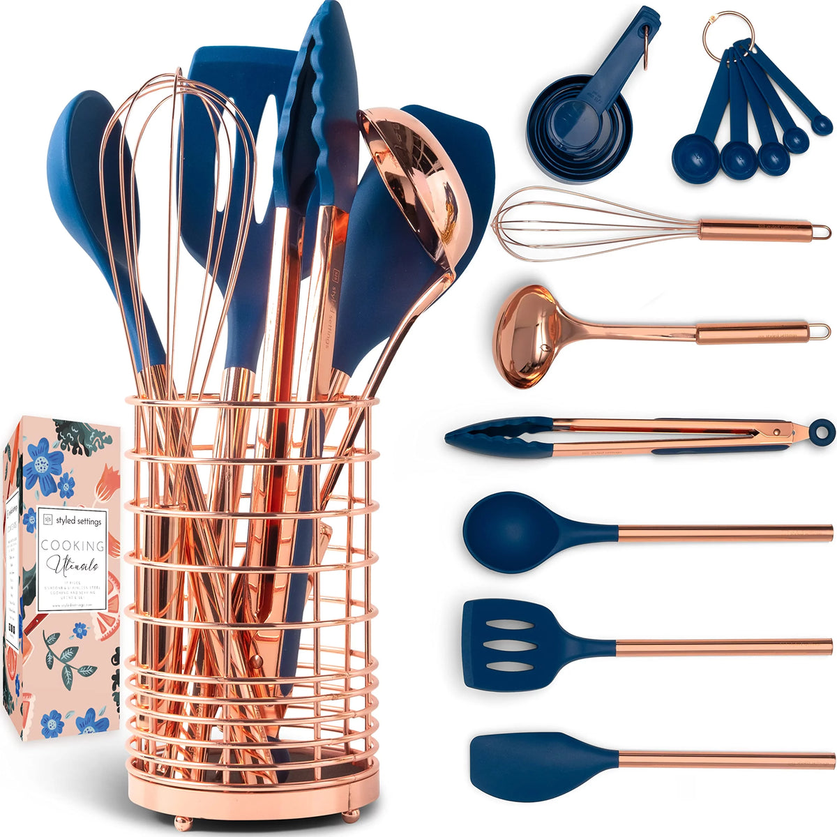 17 Pc Copper and Blue Silicone Kitchen Utensils Set V82519