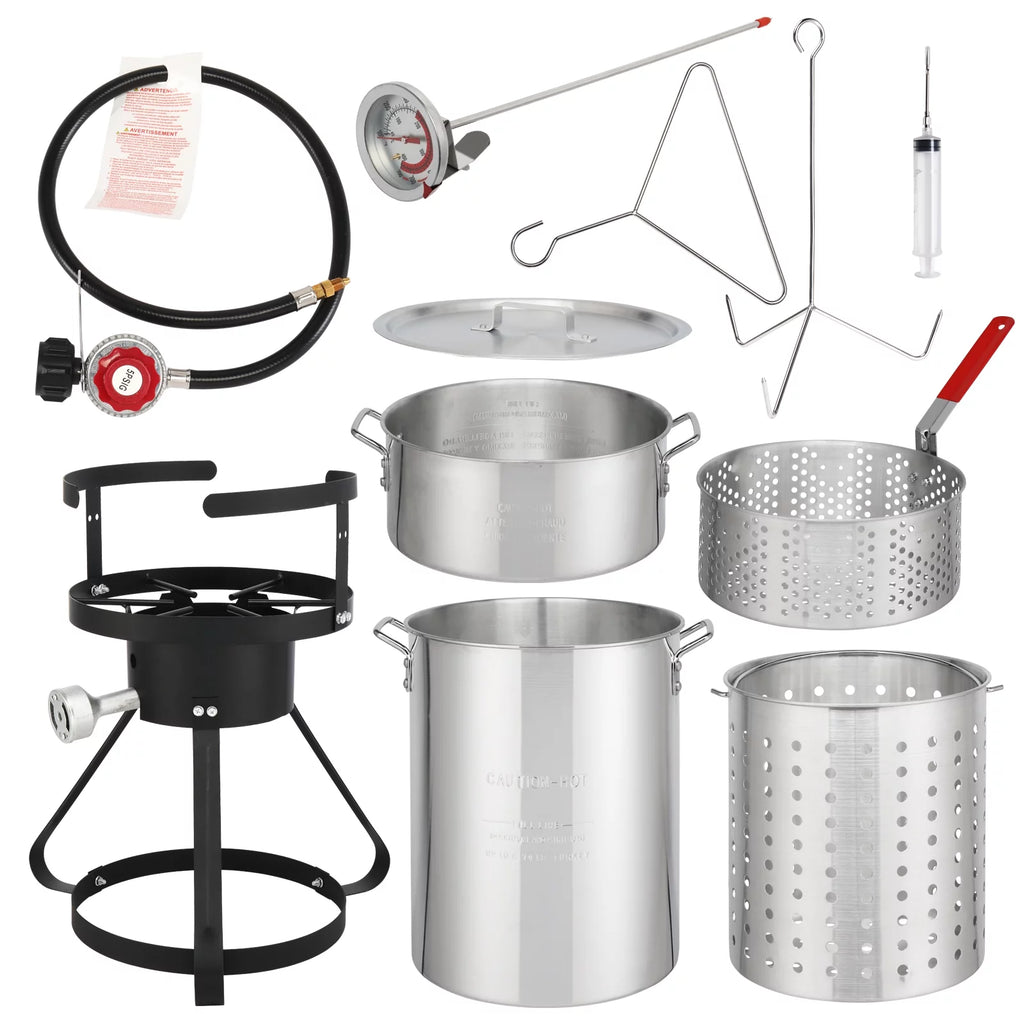 Black Round Iron Stove Frame, Silver Aluminum 30qt Turkey Pot 10qt Fish Pot Y453029
