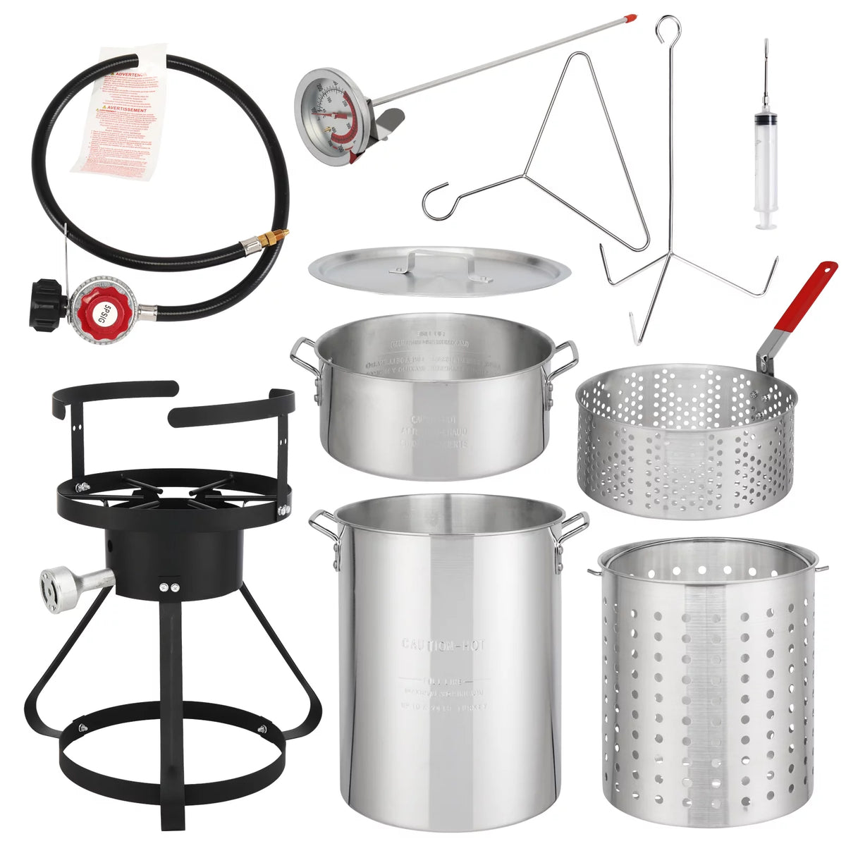 Black Round Iron Stove Frame, Silver Aluminum 30qt Turkey Pot 10qt Fish Pot Y453029