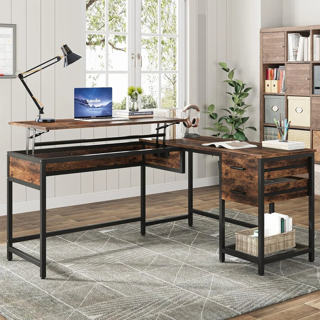 L-Shaped 59" Computer Desk with Drawers Corner Desk with Lift Top T355907