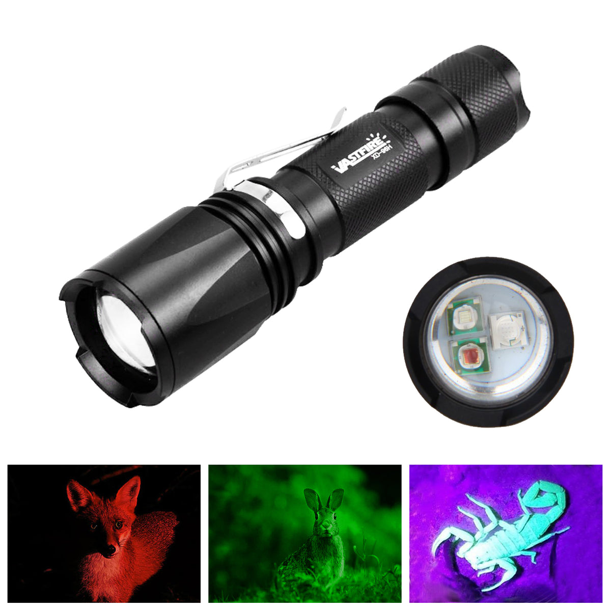 Zoomable Green Red UV Flashlight Black Light Tactical Torch E4013