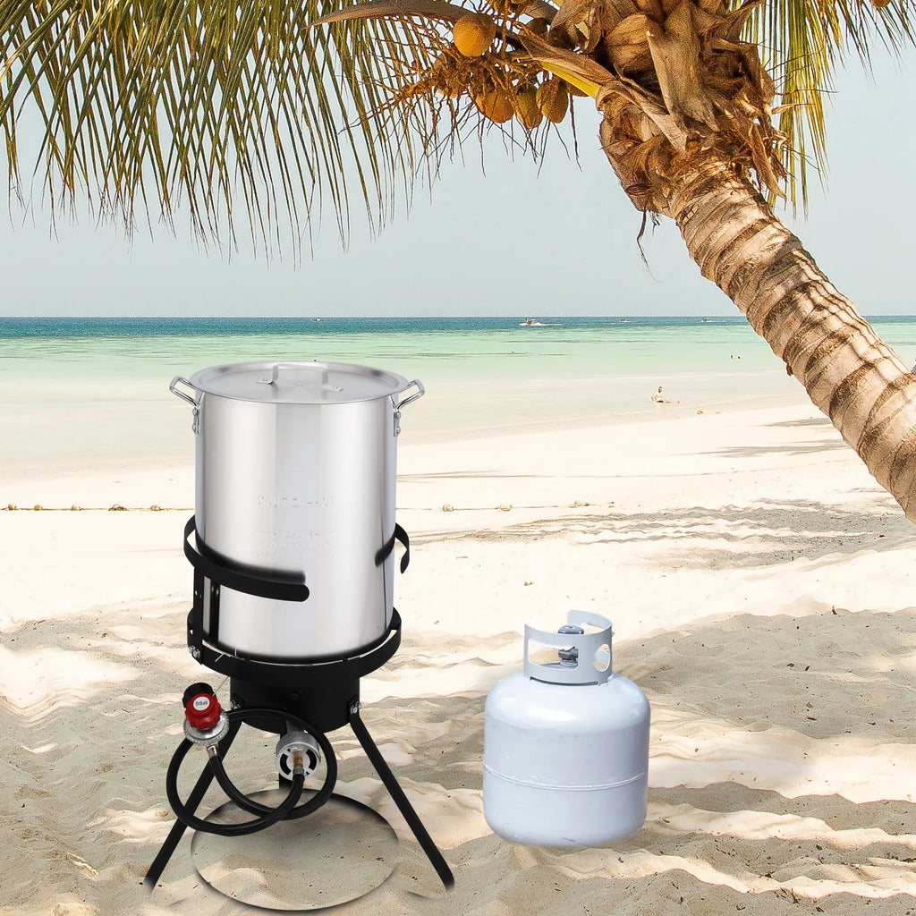 Black Round Iron Stove Frame, Silver Aluminum 30qt Turkey Pot 10qt Fish Pot Y453029