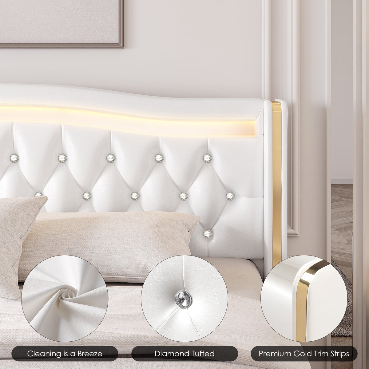 White Full Size LED Bed Frame with 4 Storage Drawers X587464