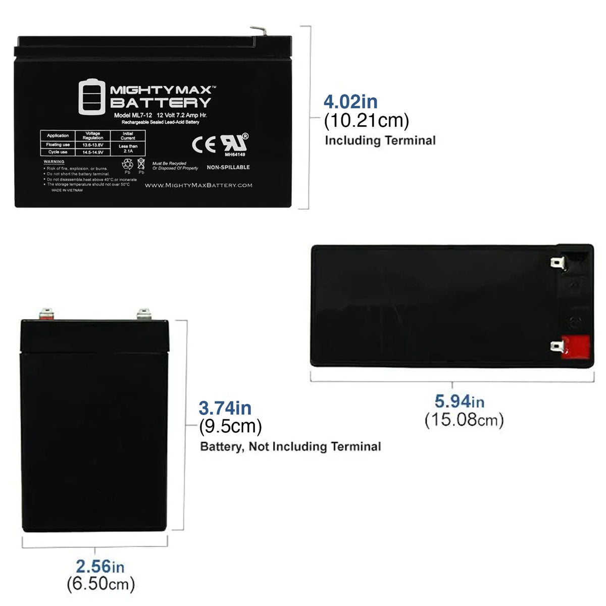12 Volt 7ah Rechargeable Battery with F1 Terminals V37203