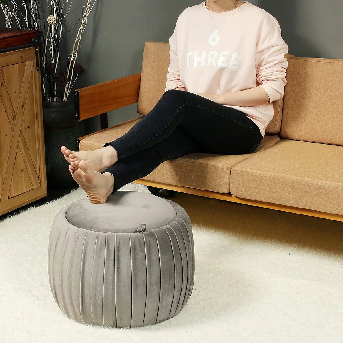 Grey Round Storage Ottoman N2021