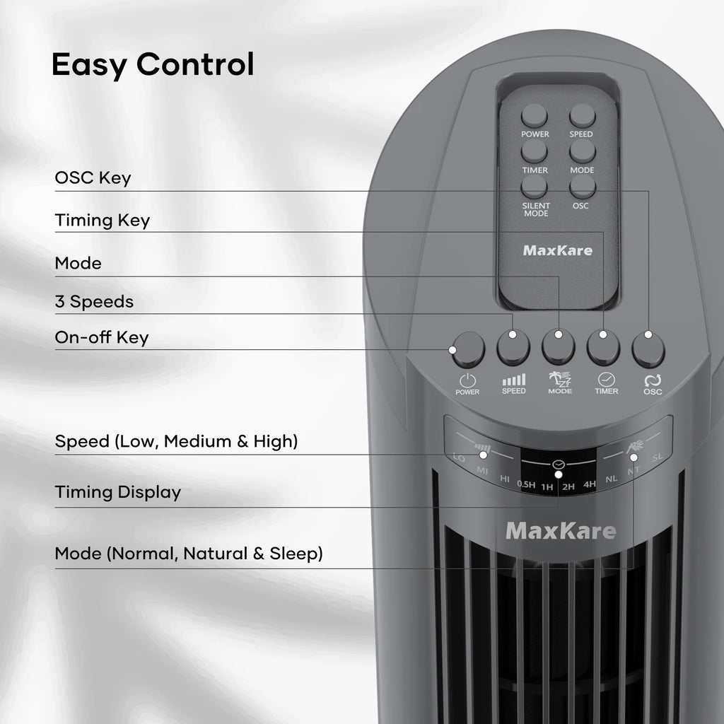30 Tower Fan 120° Oscillating 60dB Quiet with Remote Control 3 Speeds 3 Wind Modes Timer Dark Gray N43348