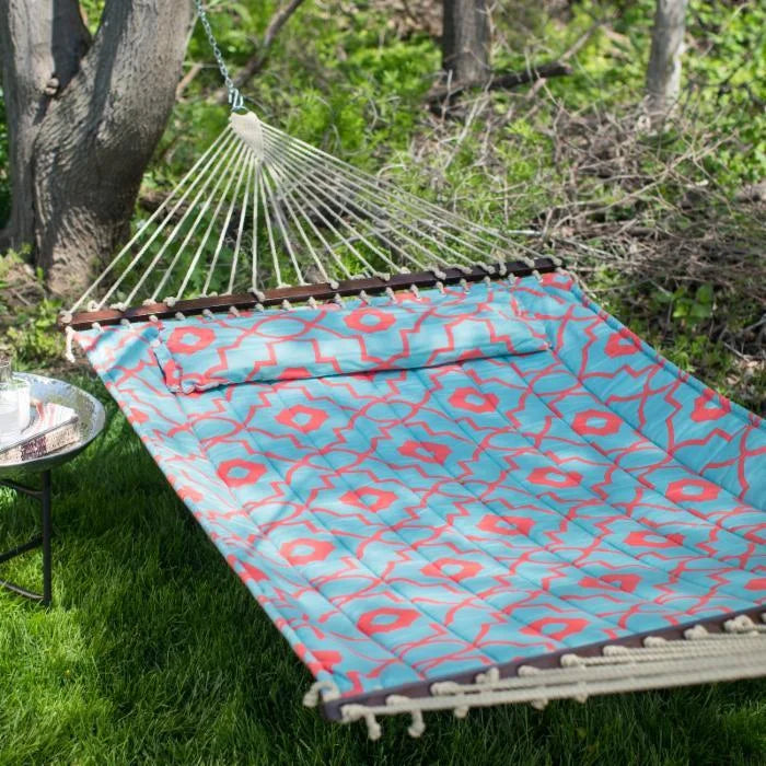 Coral and Spa Blue Quilted 2 Person Hammock D236