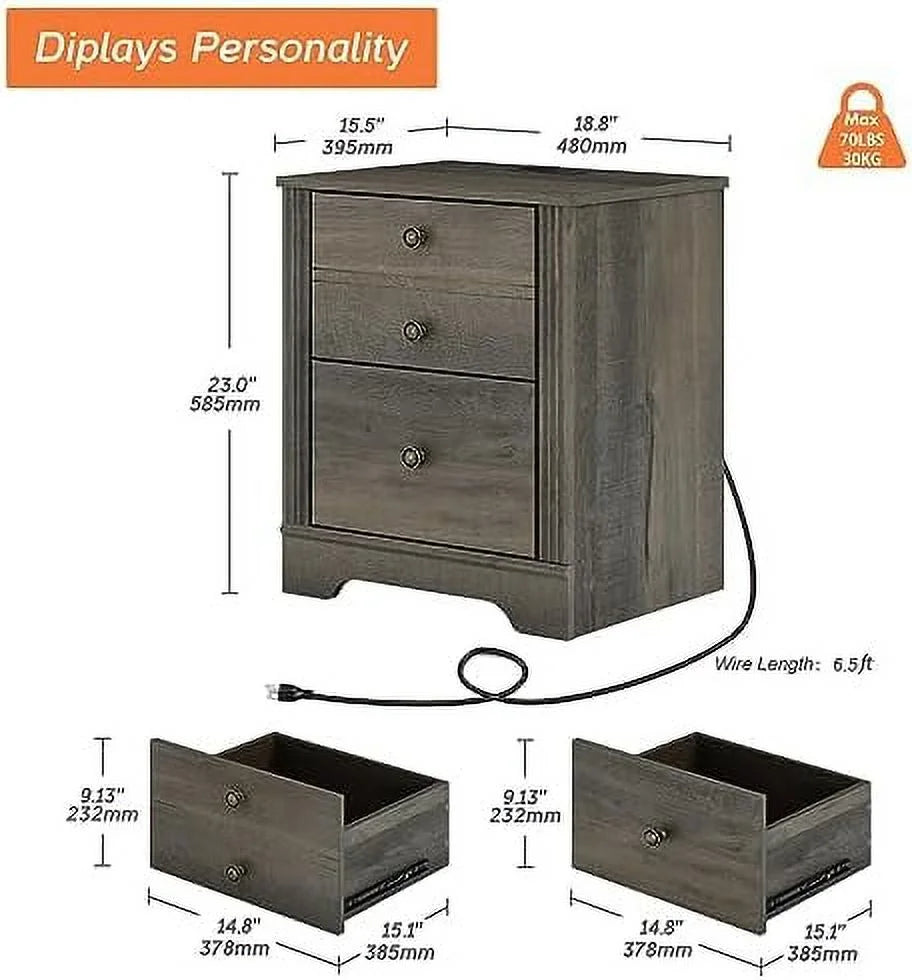 Dark Antique Brown Wood Nightstand with Charging Station and 2 Sliding Drawers J17095