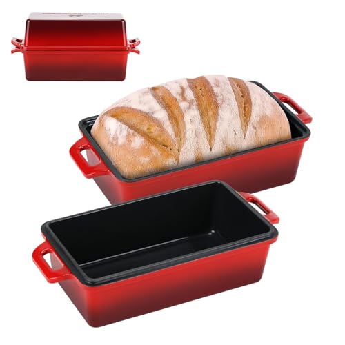 9x5 Inch Enameled Cast Iron Bread Loaf Pan with Lid, 2 Piece Set, Red B330