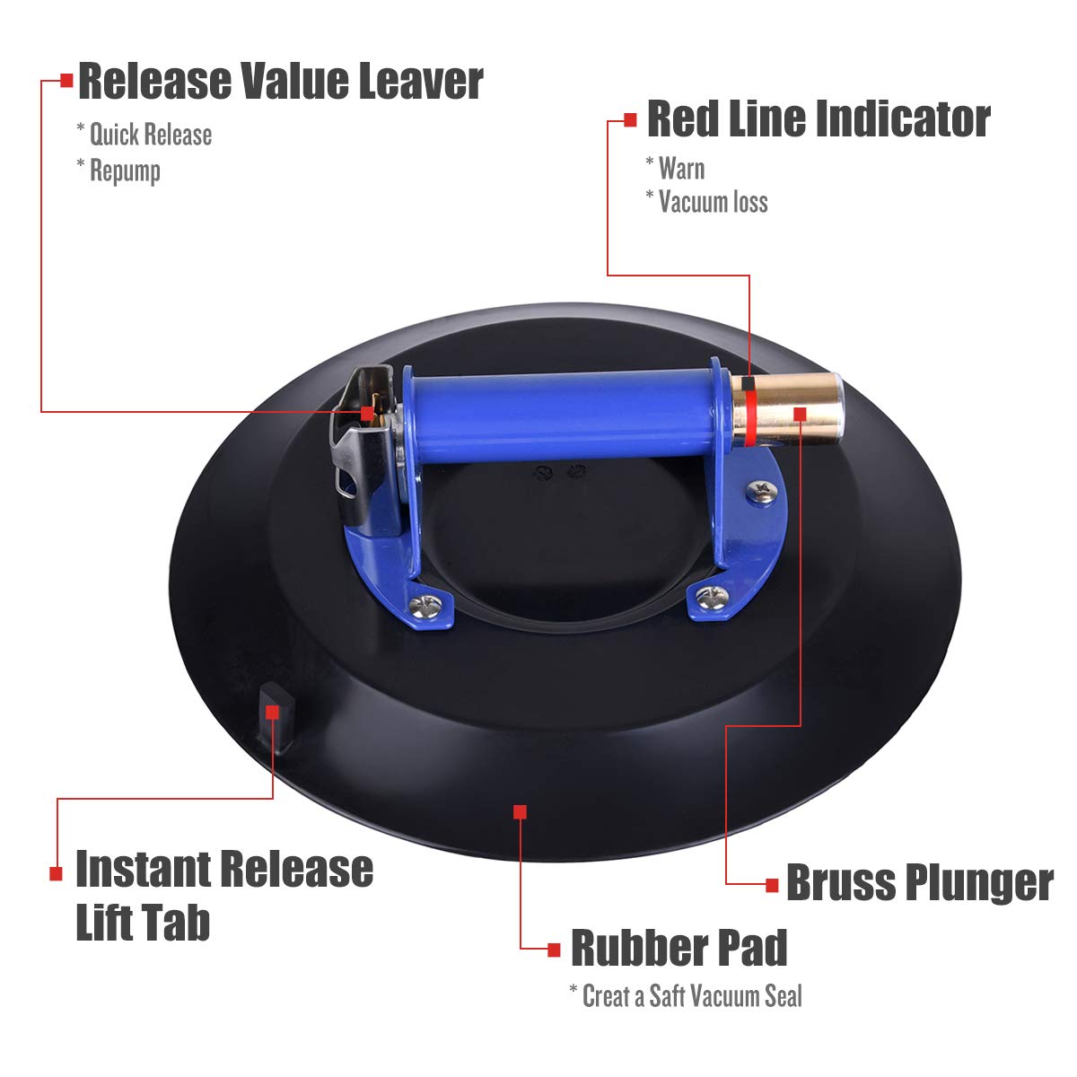 12 Super Strong Glass Suction Cup Vacuum Glass Lifter with Metal Handle and Brass Pump H802
