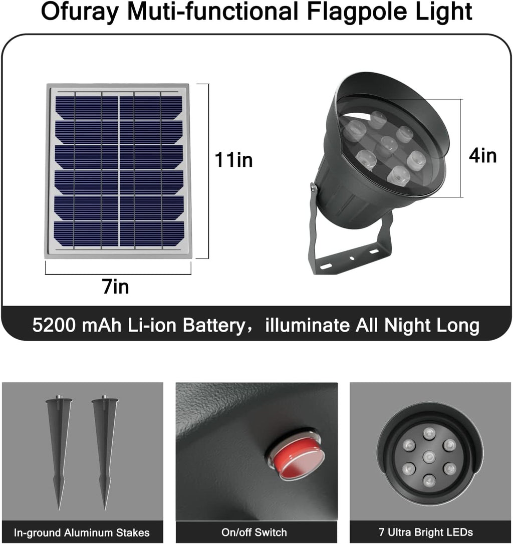Solar Flag Pole Light 3in1 Design, 2 Brightness, Outdoor Dusk to Dawn U193319
