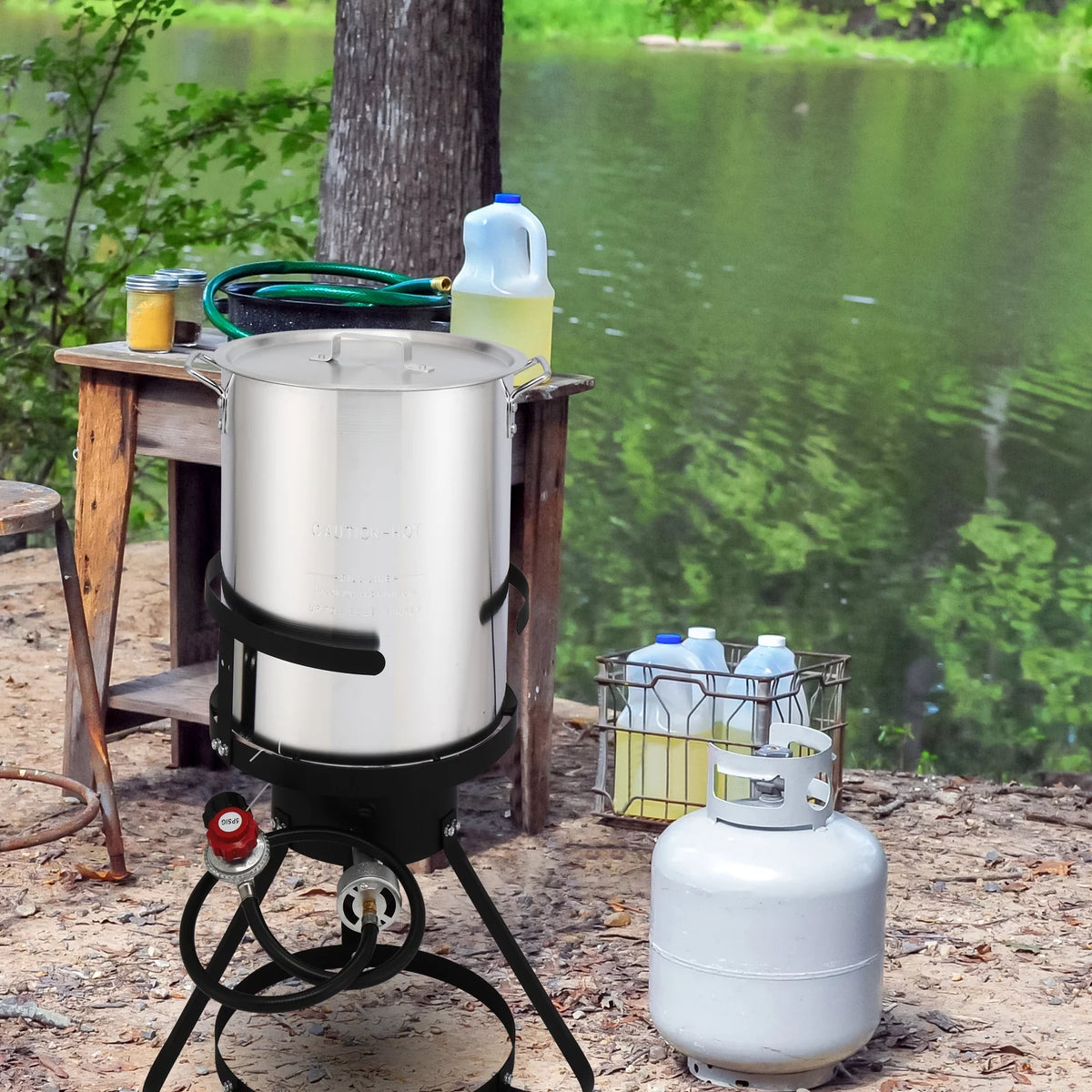 Black Round Iron Stove Frame, Silver Aluminum 30qt Turkey Pot 10qt Fish Pot Y453029