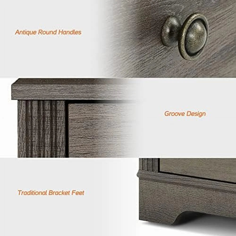 Dark Antique Brown Wood Nightstand with Charging Station and 2 Sliding Drawers J17095