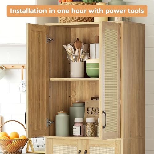 67" Tall Oak Rattan Storage Cabinet with Doors and Adjustable Shelves J1389