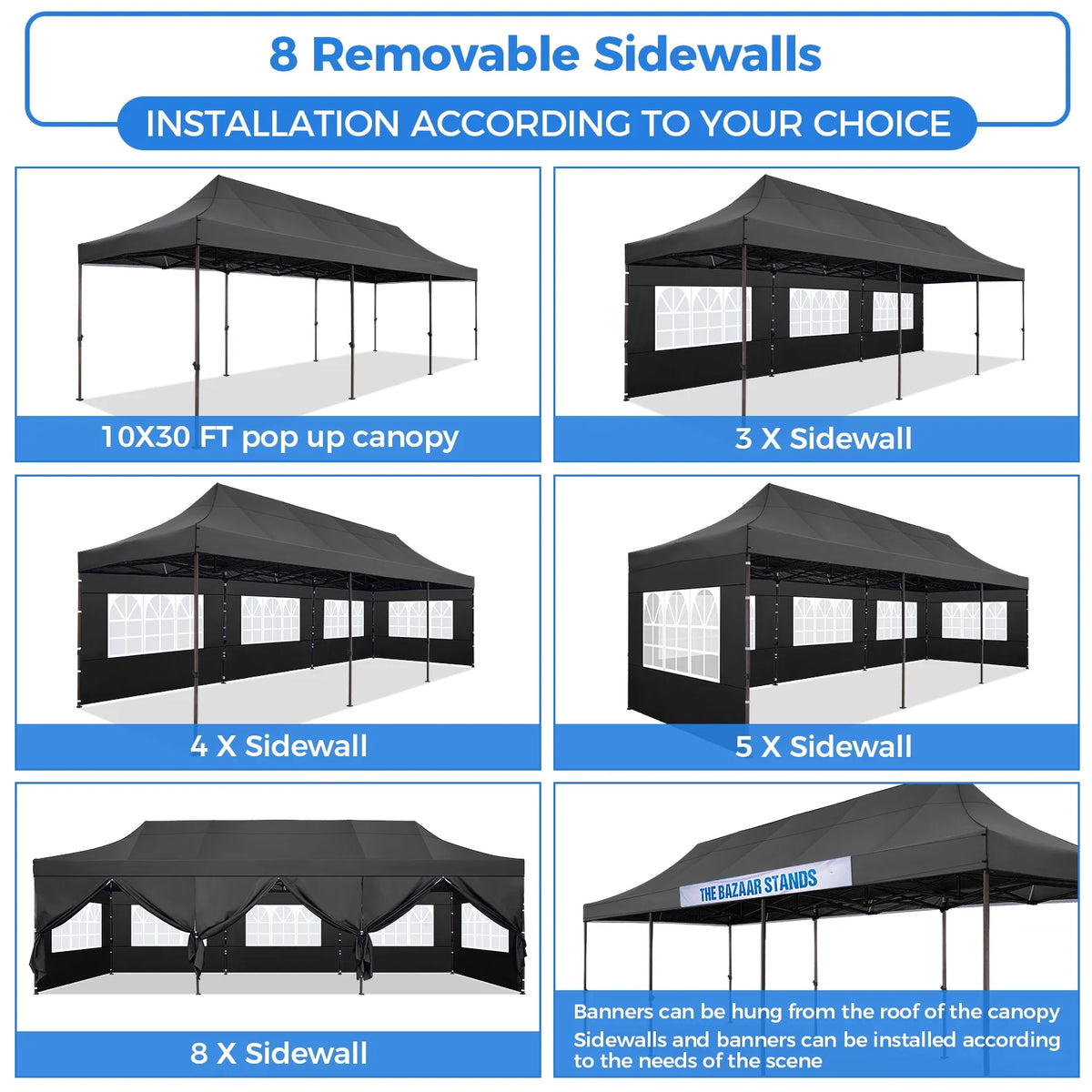 10' x 30' Pop Up Canopy with 8 Removable Sidewalls, Black D151