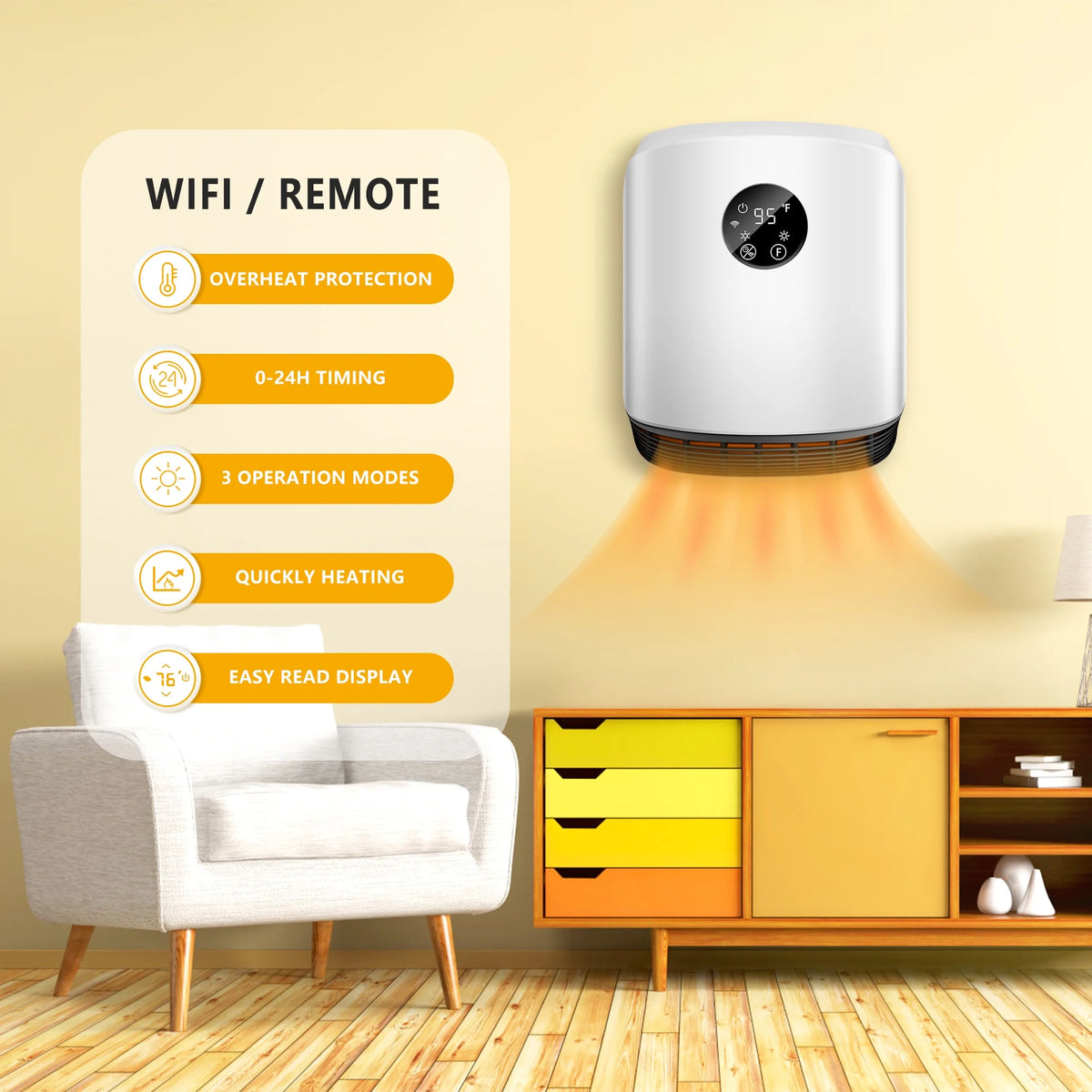 1500W Portable Wall Mounted Space Heater with Adjustable Thermostat T91927