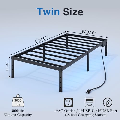 Full Size 14 Inch Metal Platform Bed Frame with LED Lights H413