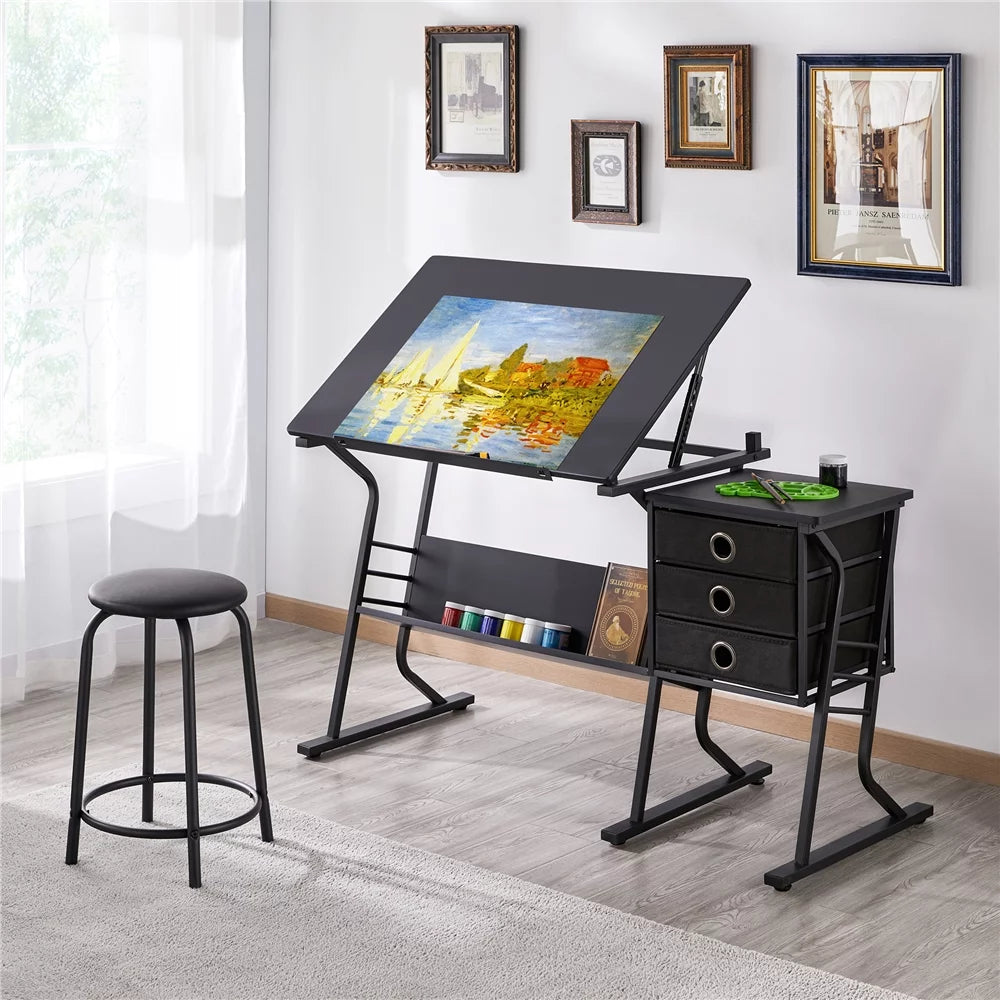 Black Adjustable Drafting Table with Storage Drawers and Stool N9808