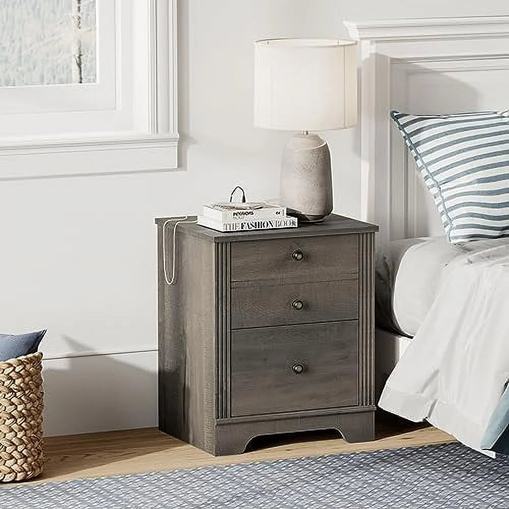 Dark Antique Brown Wood Nightstand with Charging Station and 2 Sliding Drawers J17095