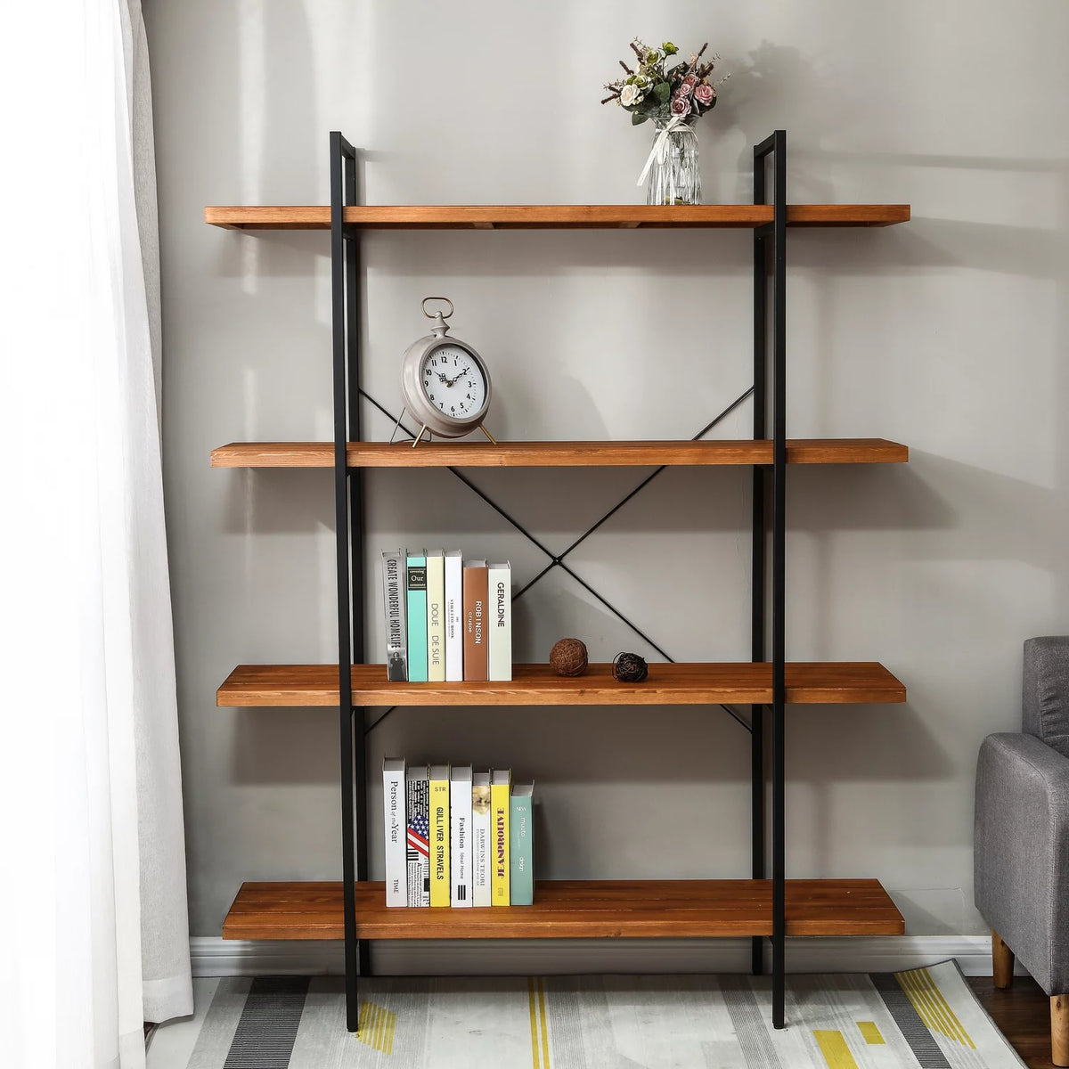 Brown Wood Metal Frame 4-Shelf Bookcase P5557