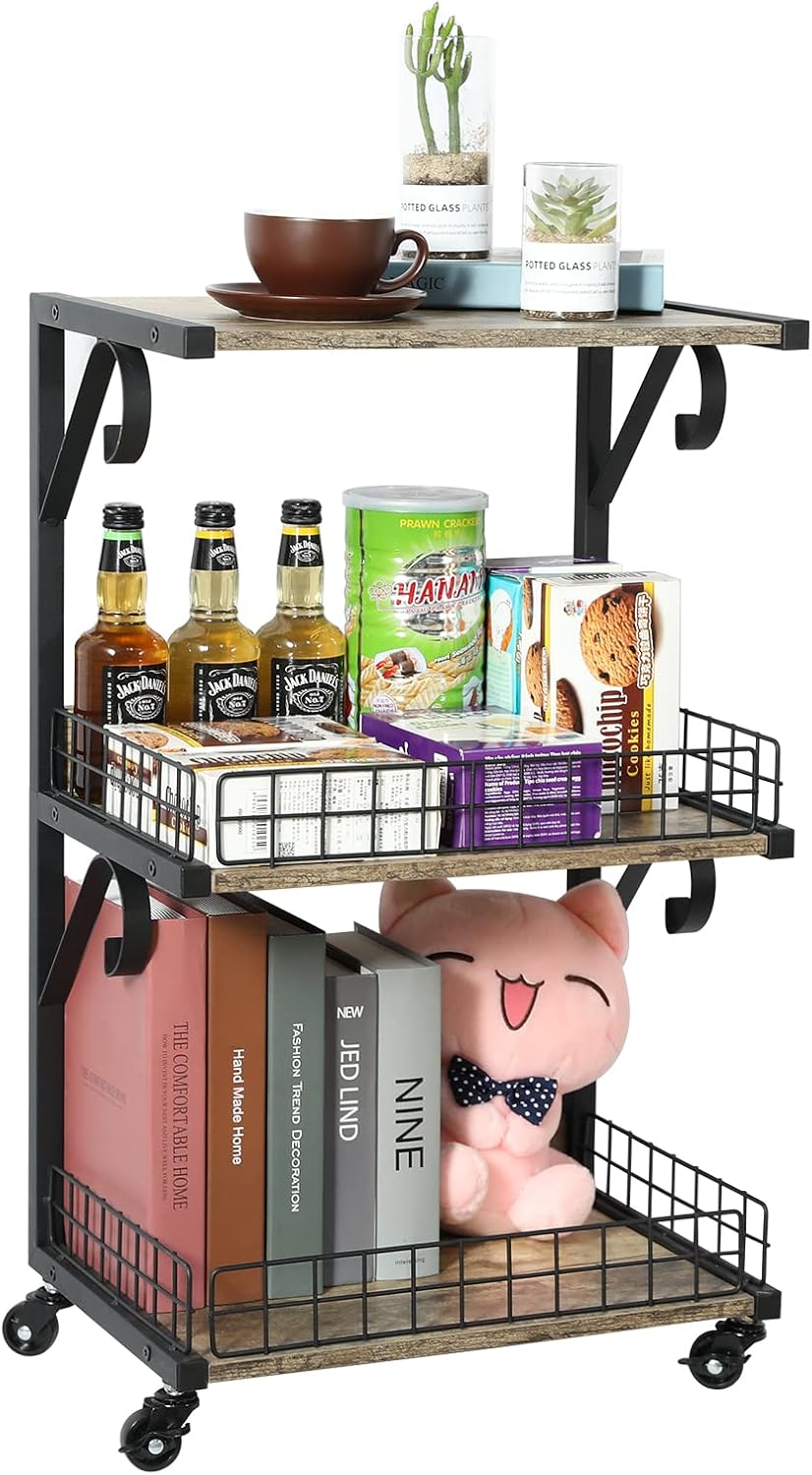3-Tier Wood/Metal Rolling Utility Cart with Lockable Caster Wheels T5252