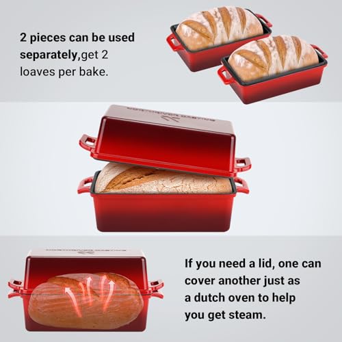 9x5 Inch Enameled Cast Iron Bread Loaf Pan with Lid, 2 Piece Set, Red B330