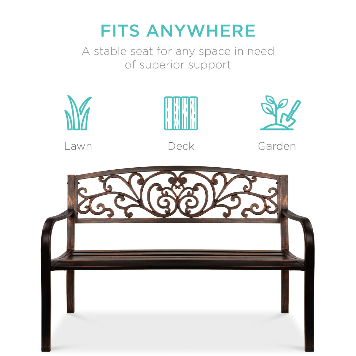 Brown Outdoor Steel Bench with Floral Design Backrest O754548