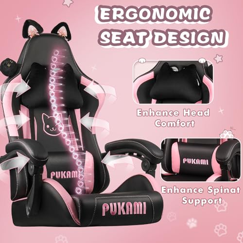 Pink Gaming Chair with Cat Ears and Cat Paw Cushion Pillow with Footrest Y684
