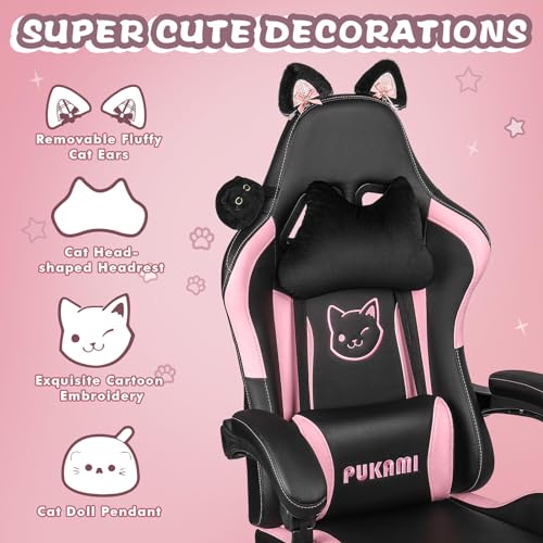 Pink Gaming Chair with Cat Ears and Cat Paw Cushion Pillow with Footrest Y684