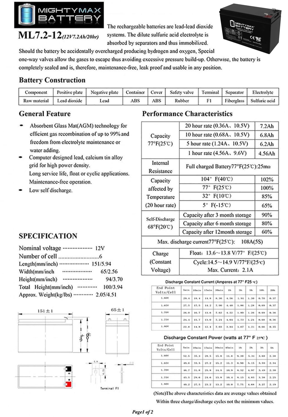 12 Volt 7ah Rechargeable Battery with F1 Terminals V37203