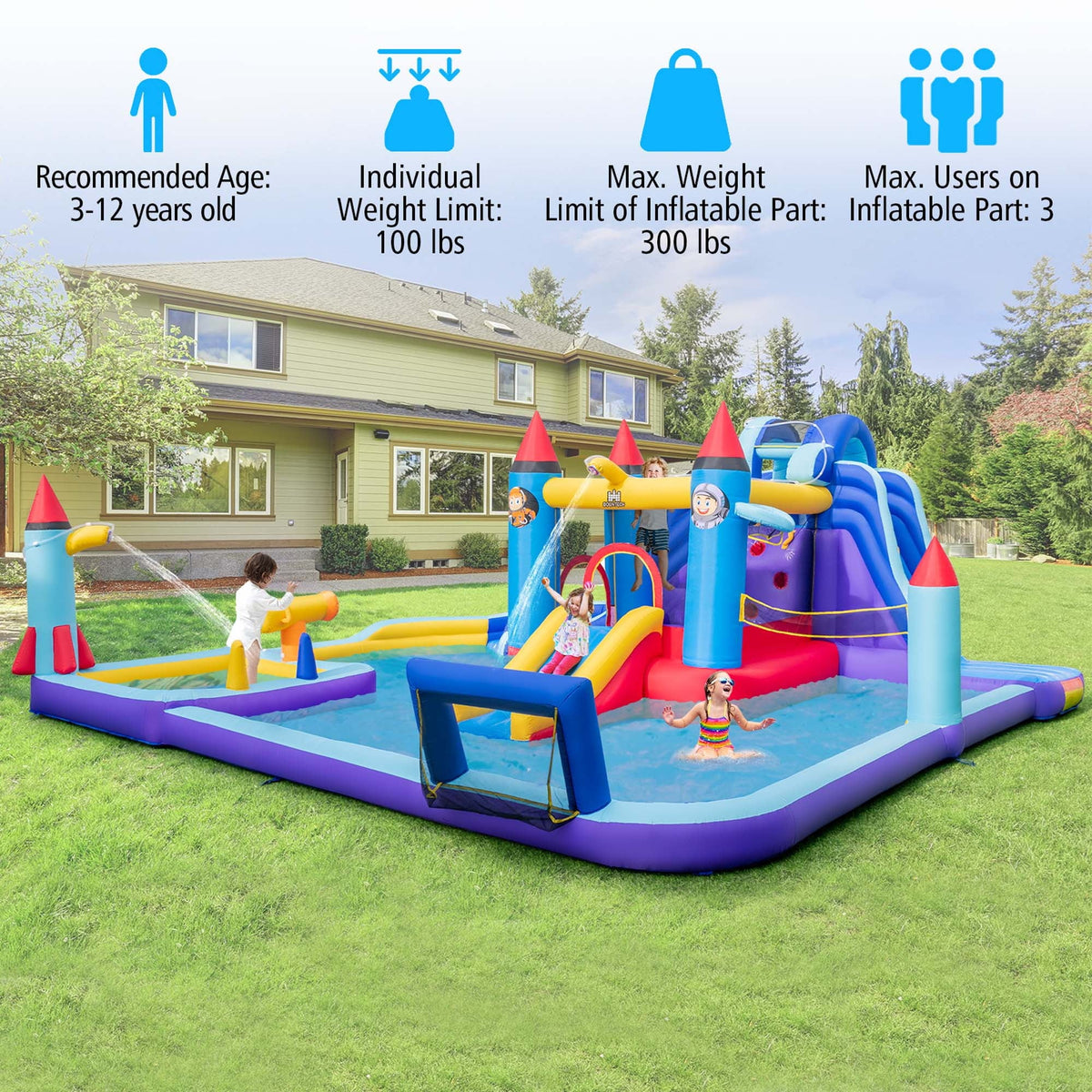 Inflatable Water Slide Park with 2 Slides Splash Pool D9841