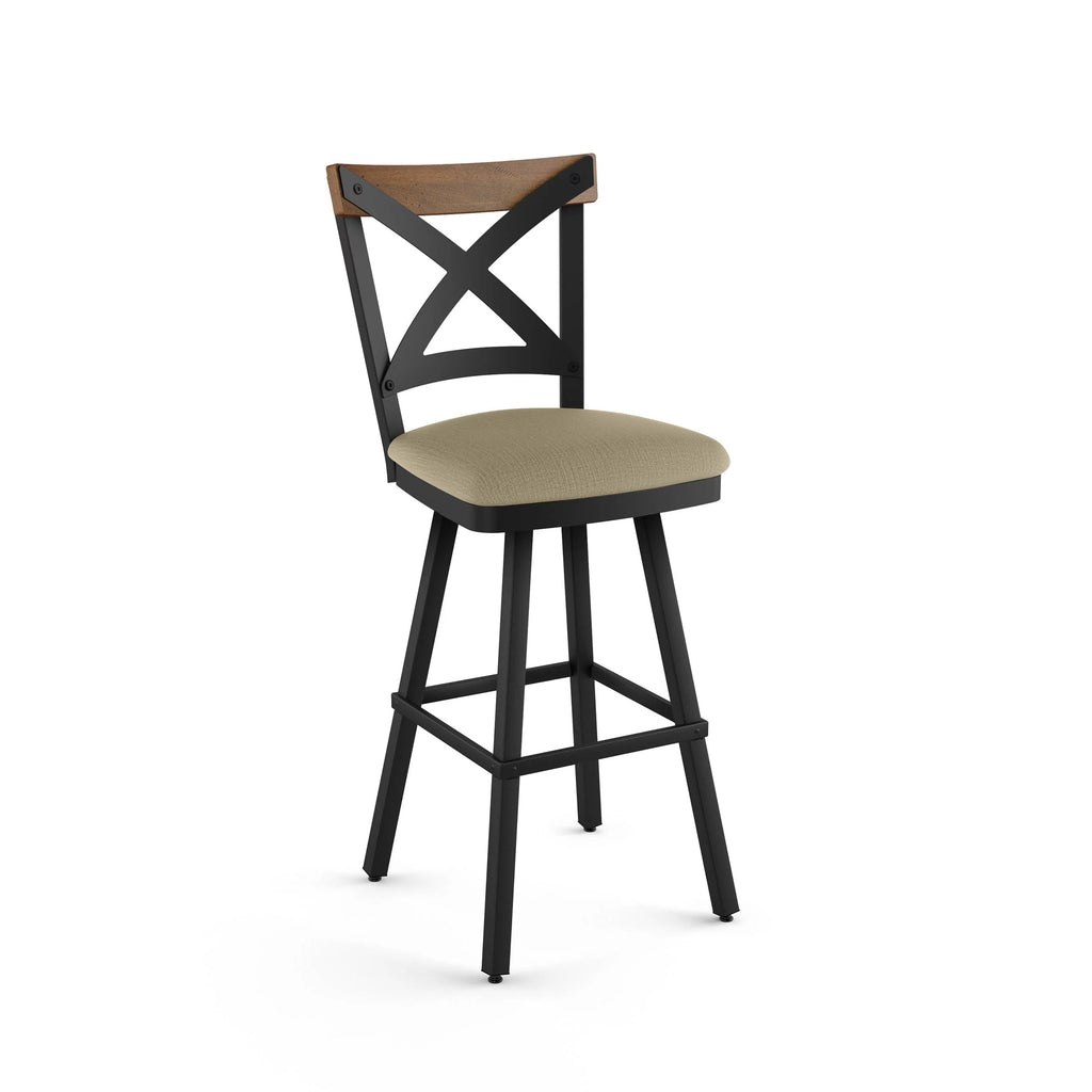 30 In. Beige Fabric Black Metal Brown Wood Bar Stool N273796