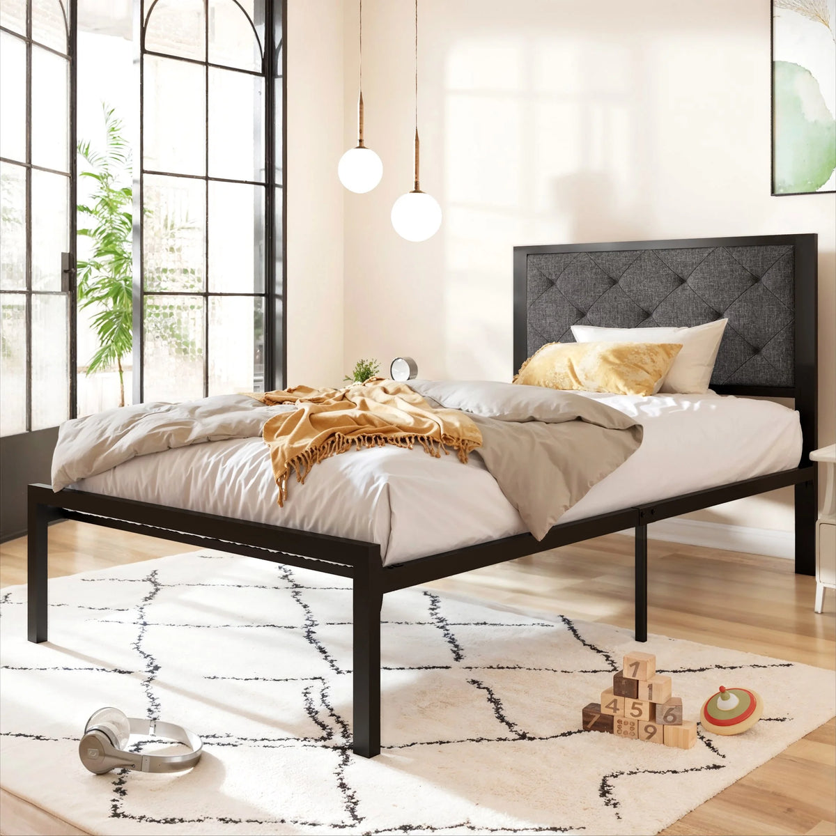 Twin Size Metal Platform Bed Frame with Fabric Headboard A332